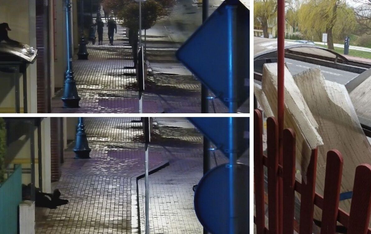 Colage zdjęć przedstawiający zdarzenie okiem kamery monitoringu oraz uszkodzona wiata przystankowa