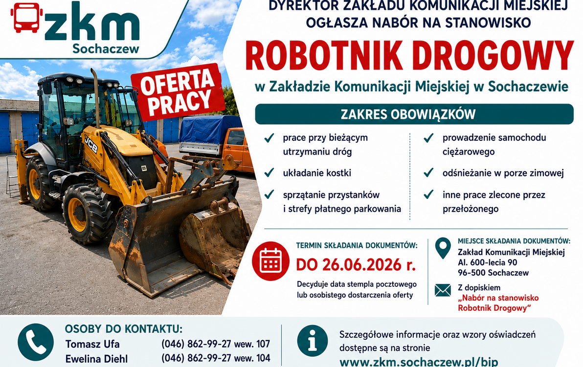 Infografika z informacją o ofercie pracy na stanowisko Robotnik drogowy w ZKM Sochaczew