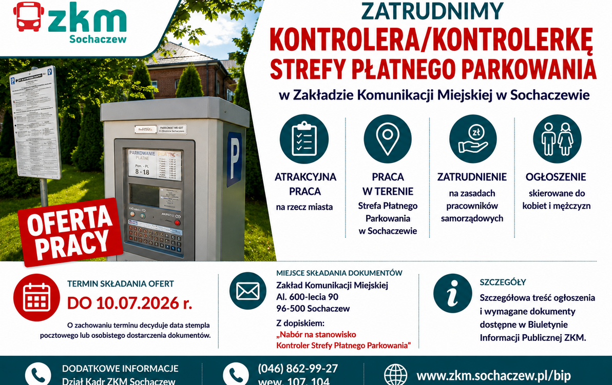Infografika z ofertą pracy na stanowisko kontrolera SPP w Sochaczewie