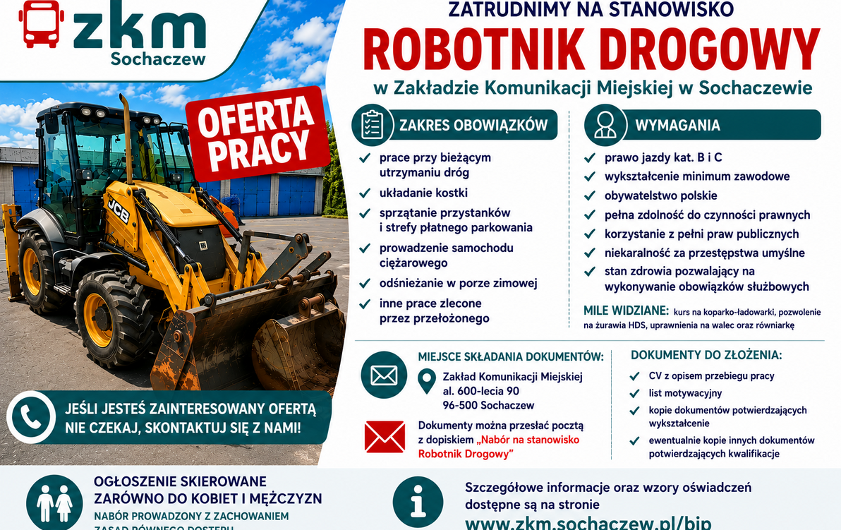 Infografika z informacją o ofercie pracy na stanowisku: Robotnik Drogowy
