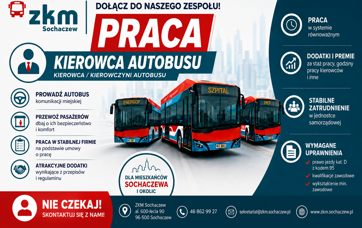 Infografika z informacją o ofercie pracy na stanowisku: Kierowca autobusu