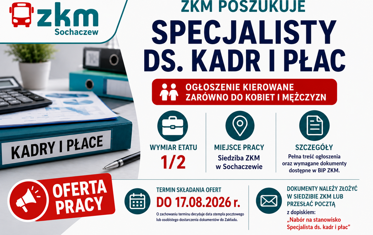 Infografika z informacją o ofercie pracy na stanowisku: Specjalistki ds. kadr i płac / Specjalisty ds. kadr i płac