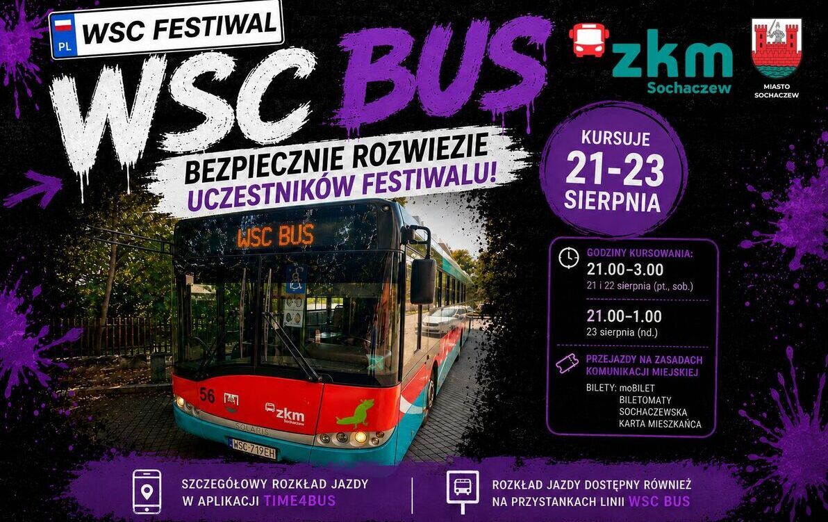 Infografika z informacją o kursowaniu specjalnej linii autobusu podczas III WSC Festiwalu