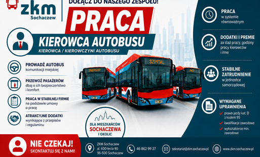 Infografika z informacją o ofercie pracy na stanowisku: Kierowca autobusu