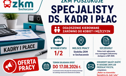 Infografika z informacją o ofercie pracy na stanowisku: Specjalistki ds. kadr i płac / Specjalisty ds. kadr i płac