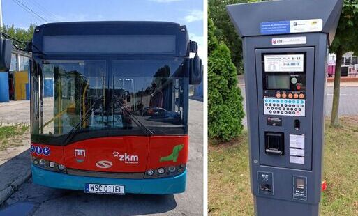 Po lewej autobus Solaris Urbino 8,9 LE z 2016 roku, po prawej jeden z parkomatów obsługujących sochaczewską SPP