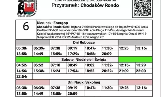 Zdjęcie przedstawia rozkład jazdy linii numer 6
